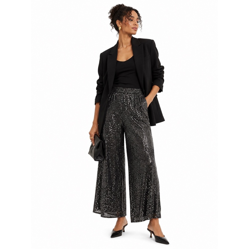 Glam Party Black Sequin Wide Leg Pants Michael Kors Size M